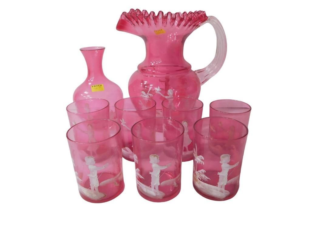 9 pc Fenton Cranberry Glass in the Style of Mary Gregory incl Large Pitcher with Crimped Edge, 7 Gla: 9 pc Fenton Cranberry Glass in the Style of Mary Gregory incl Large Pitcher with Crimped Edge, 7 Glasses, Vase All pictures are considered part of the description and should be examined carefully by b