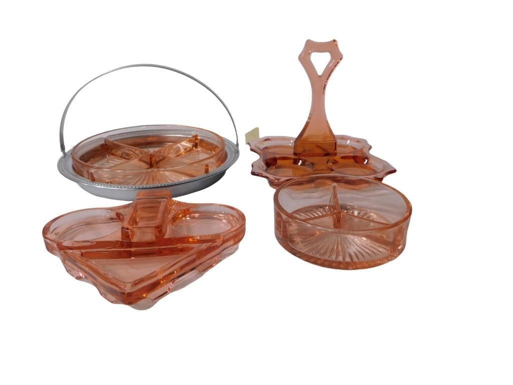 Pink / Peach Glass incl Condiment Holder, Divided Dish, Divided Dish with Metal Holder, Holder with (1 of 12)