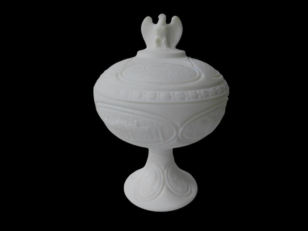 Fenton White Satin Glass 1776-1976 Commemorative Compote with Dedication Paperwork (1 of 11)