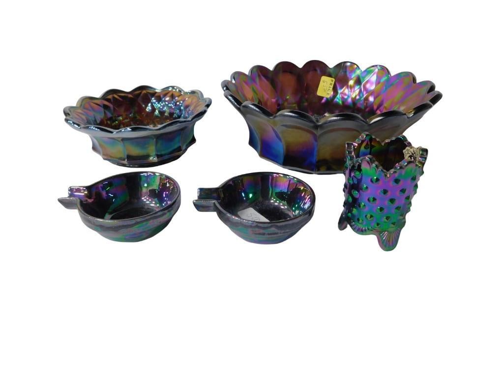 5 pc Oil Slick Carnival Glass incl Fenton Toothpick Holder, Individual Ashtrays, 2 Bowls with Grapes: 5 pc Oil Slick Carnival Glass incl Fenton Toothpick Holder, Individual Ashtrays, 2 Bowls with Grapes Pattern All pictures are considered part of the description and should be examined carefully b