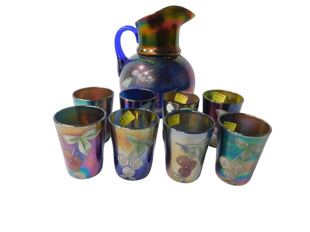 9 pc Fenton Cannonball Hand Painted Cobalt Blue Carnival Glass Pitcher and 8 Glasses: 9 pc Fenton Cannonball Hand Painted Cobalt Blue Carnival Glass Pitcher and 8 Glasses Enameled Cherries and Blossoms All pictures are considered part of the description and should be examined carefully