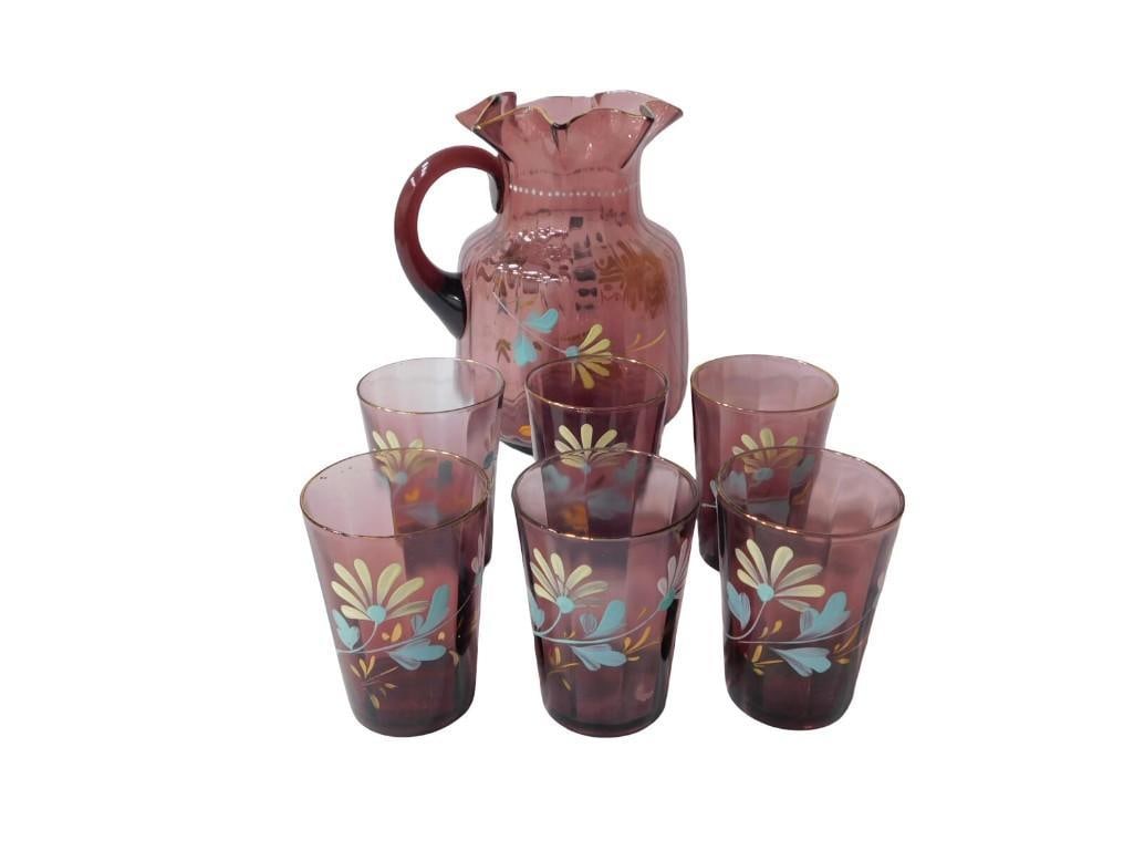Antique 7 pc Juice Water Set Hand Painted Amethyst Glass (1 of 14)
