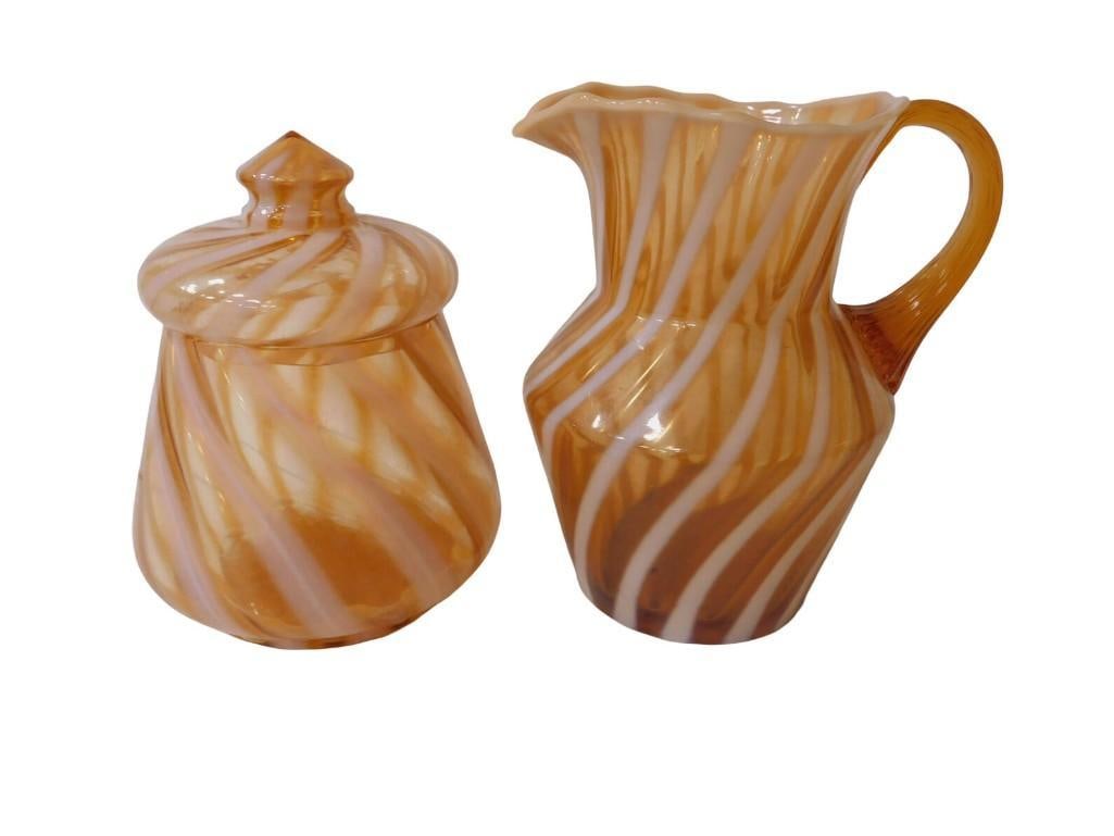 Fenton Pitcher and Canister with lid: Fenton Pitcher and Canister with lid All pictures are considered part of the description and should be examined carefully by bidders. Live Auctioneers is now offering Live Shipping through them. This 
