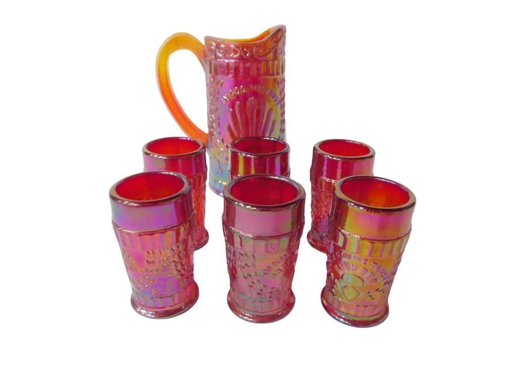 Fenton Carnival Glass Mini Shot Glasses and a Dorothy Taylor Mini Carnival Glass Pitcher: Fenton Carnival Glass Mini Shot Glasses and a Dorothy Taylor Mini Carnival Glass Pitcher God Bless Our Home All pictures are considered part of the description and should be examined carefully by bidd