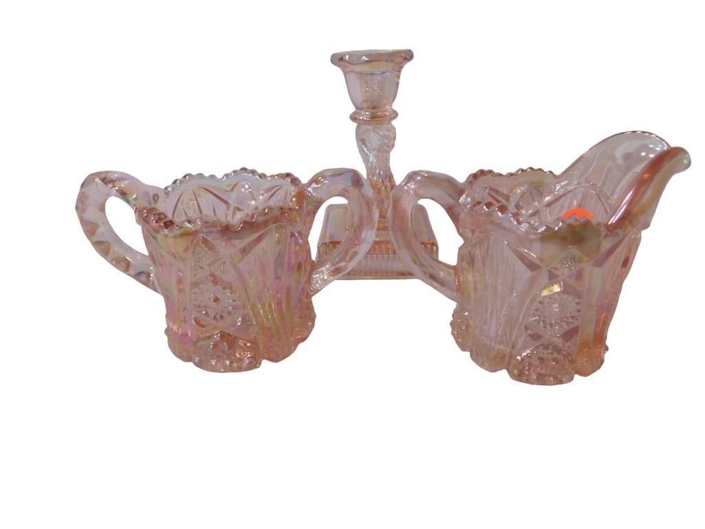 3 Imperial Glass Iridescent Pink Creamer and Sugar and Candle Stick with Koi Fish or Dolphin Design: 3 Imperial Glass Iridescent Pink Creamer and Sugar and Candle Stick with Koi Fish or Dolphin Design All pictures are considered part of the description and should be examined carefully by bidders. Liv