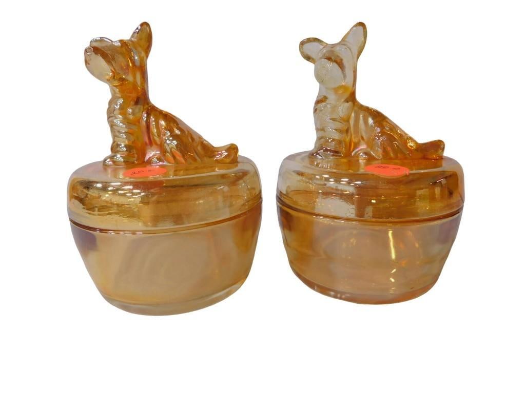 2 Jeanette Glass Marigold Trinket Boxes Terrier Dog Designs: 2 Jeanette Glass Marigold Trinket Boxes Terrier Dog Designs All pictures are considered part of the description and should be examined carefully by bidders. Live Auctioneers is now offering Live Shipp