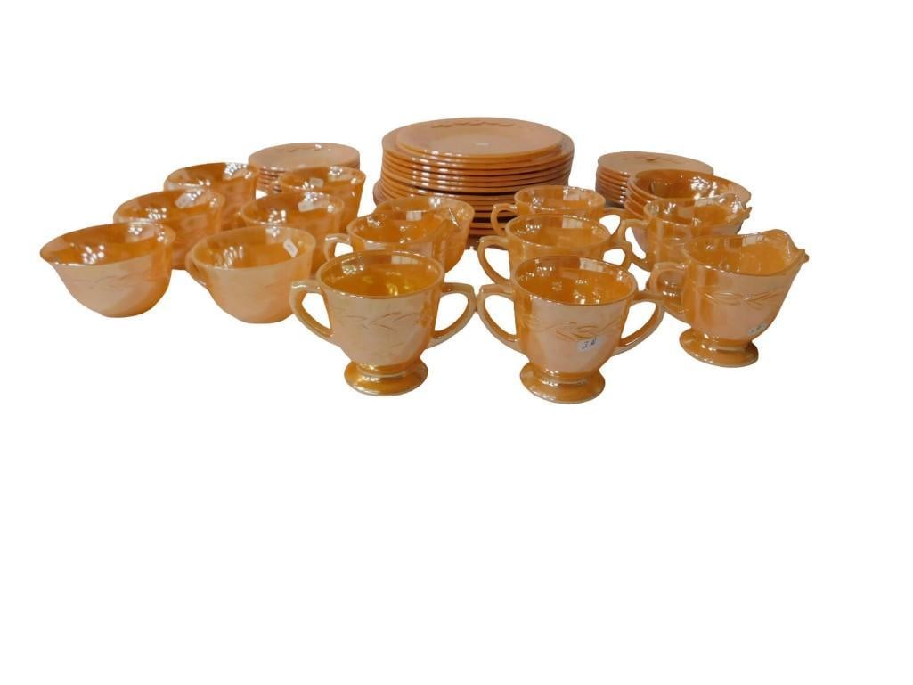 Large Set Anchor Hocking Fire King Peach Luster Lauren Pattern incl Cups, Bowls, Plates, Cream, Suga: Large Set Anchor Hocking Fire King Peach Luster Lauren Pattern incl Cups, Bowls, Plates, Cream, Sugar, etc All pictures are considered part of the description and should be examined carefully by bidde