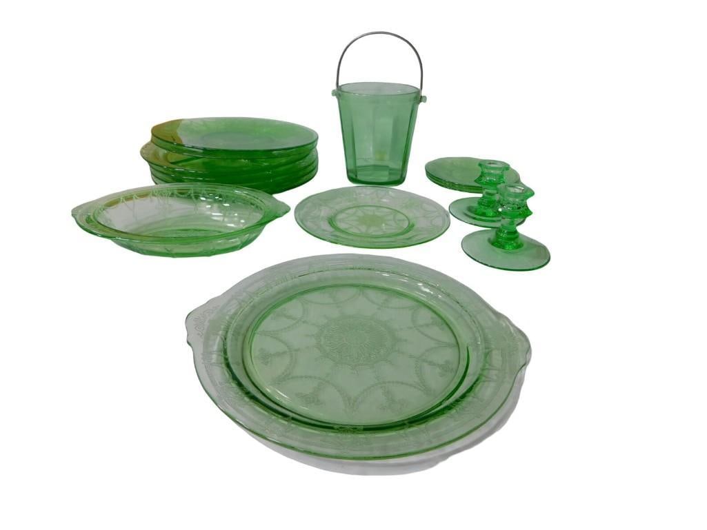 Large Uranium Glass Lot incl Ice Bucket, 2 Candle Holders, Oval Dish, Small Dishes, Bread Plates,: Large Uranium Glass Lot incl Ice Bucket, 2 Candle Holders, Oval Dish, Small Dishes, Bread Plates, Divided Dishes, Platters, etc All pictures are considered part of the description and should be examin