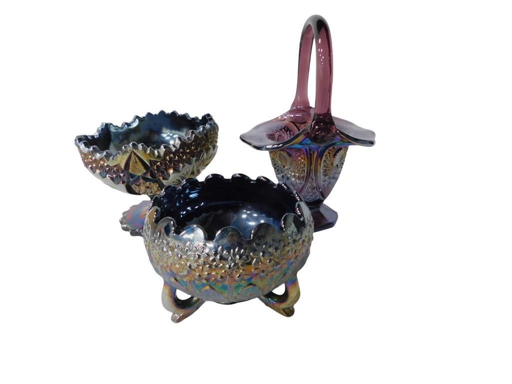 3 pc Fenton Carnival Glass Footed Compote, Orange Tree Tri Footed Dish, Amethyst Glass Basket (1 of 10)