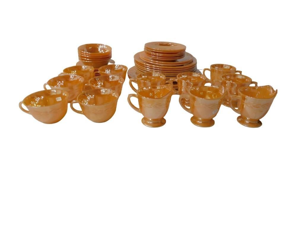 Set of Anchor Hocking Fire King Laurel Pattern Peach Luster incl Cups, Creamer, Sugar, Bowls, Plates (1 of 13)