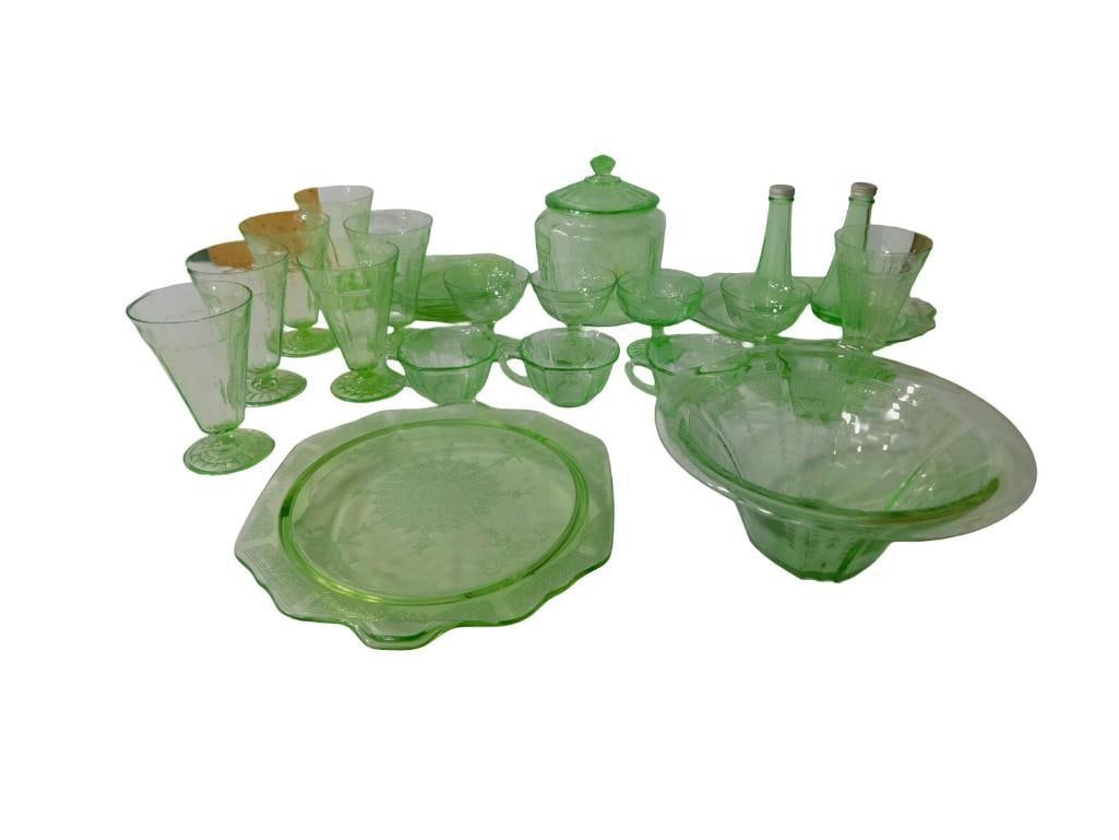 Large Lot of Uranium Depression Glass incl 2 Platters, Bowl, Covered Biscuit Dish, Small Plates, Mal: Large Lot of Uranium Depression Glass incl 2 Platters, Bowl, Covered Biscuit Dish, Small Plates, Malt Glasses, Sundae Bowl, Salt and pepper shakers, etc. Mostly Anchor Hocking Princess Pattern.&