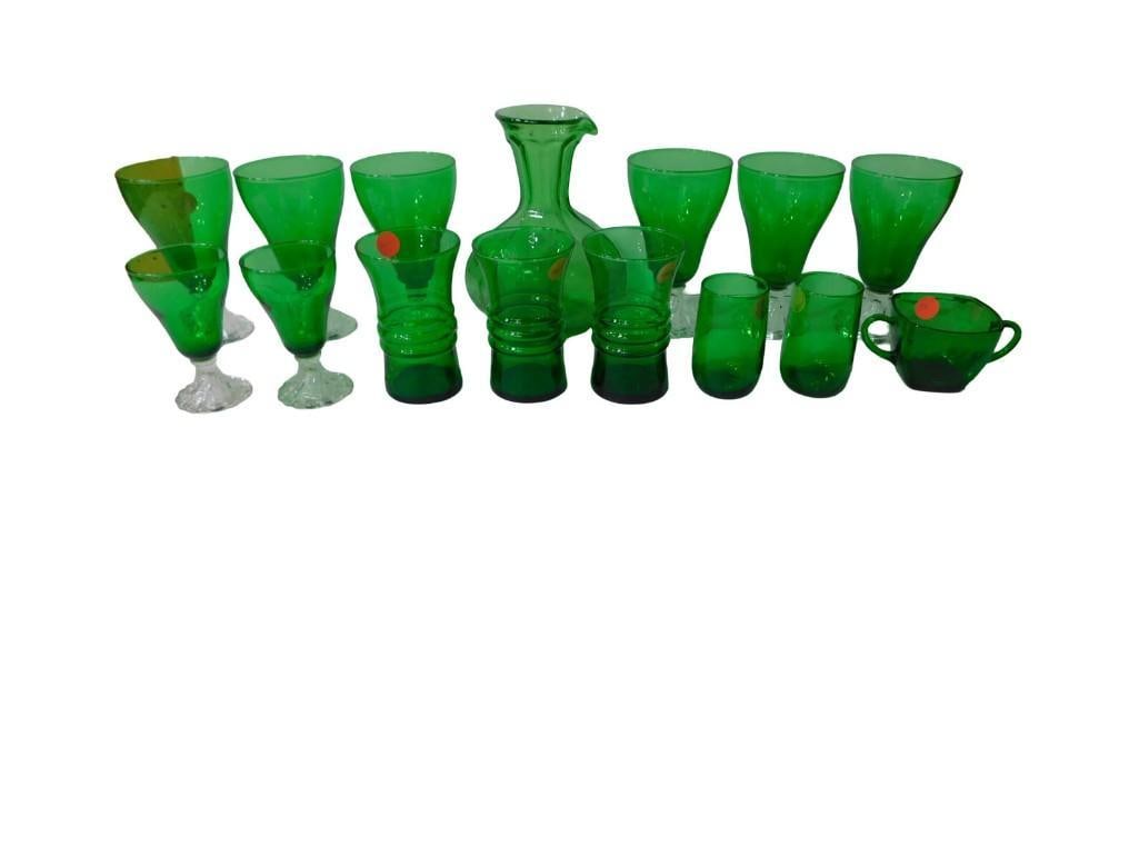 Asst Green Glass incl Pitcher, Footed Parfaits, Tumblers, etc (1 of 9)