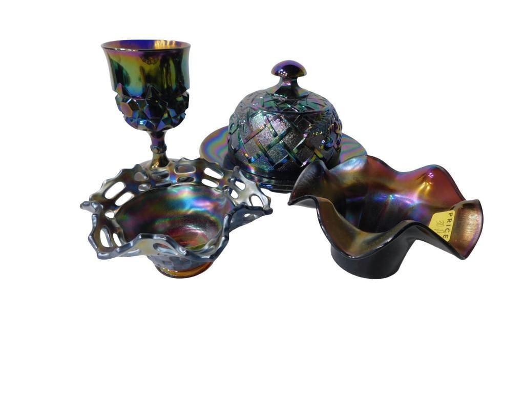 5 pc Asst Carnival Glass incl 1 Goblet, Covered Butter Dish with Cherry Pattern, 2 Bowls (1 of 12)