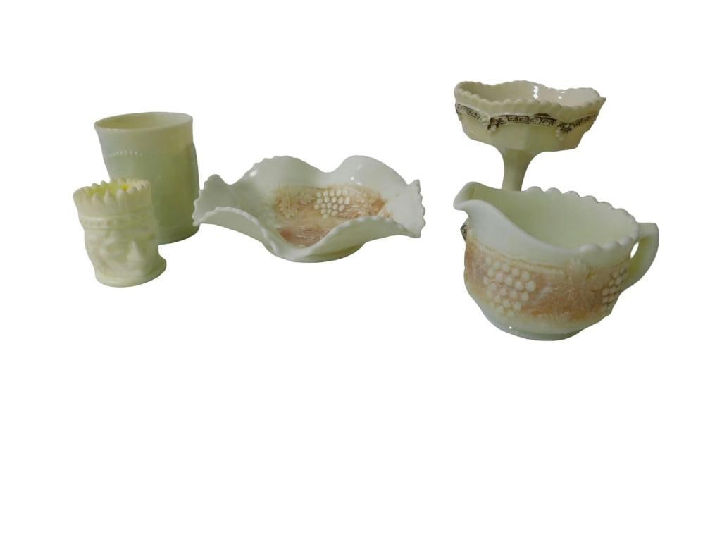 5 pc Antique Custard Glass: 5 pc Antique Custard Glass All pictures are considered part of the description and should be examined carefully by bidders. Live Auctioneers is now offering Live Shipping through them. This is an opti