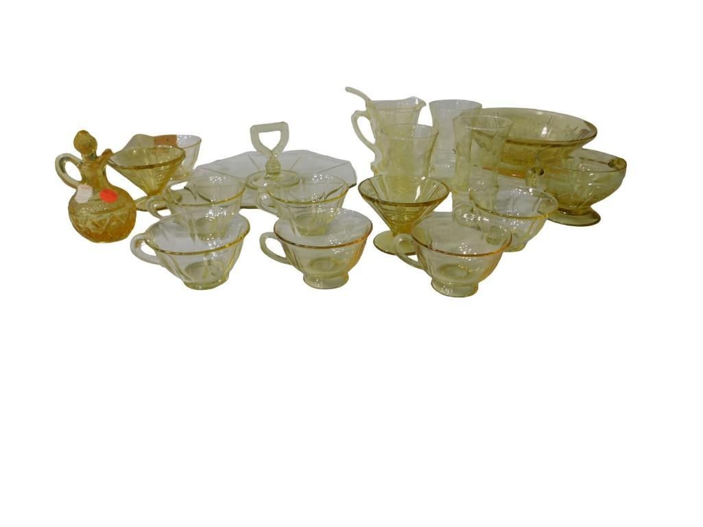 Large Lot of Yellow Depression Glass incl Footed Tray, Bowl, Open Sugar and Creamer, Parfaits, Glass: Large Lot of Yellow Depression Glass incl Footed Tray, Bowl, Open Sugar and Creamer, Parfaits, Glasses, Tidbit Tray, Mini Imperial Glass Cruet All pictures are considered part of the description and s