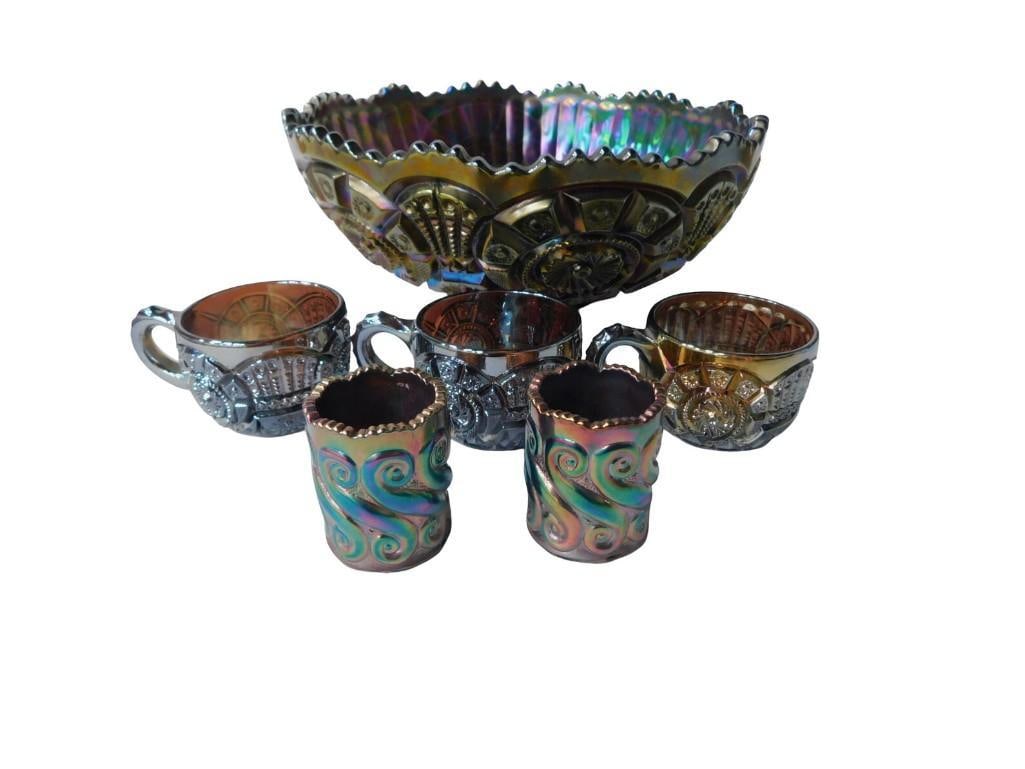 6 pc incl Imperial Dark Amethyst Carnival Glass Bowl, 3 Amethyst Carnival Glass Cups, 2 Toothpick: 6 pc incl Imperial Hobstar and Arches Dark Amethyst Carnival Glass Bowl, 3 Amethyst Carnival Glass Cups, 2 Toothpick Holders All pictures are considered part of the description and should be examined 