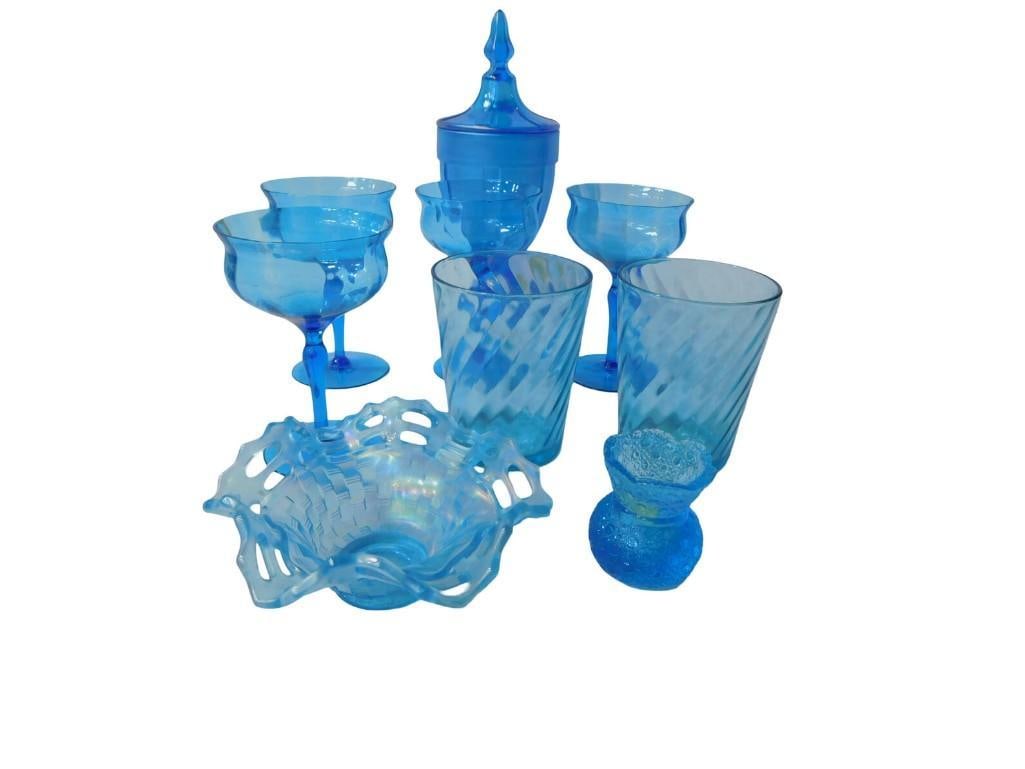 Blue Glass Lot - 4 Stemware Glasses, 2 Spiral Drinking Glasses, Toothpick Holder, Basket / Bowl, (1 of 14)
