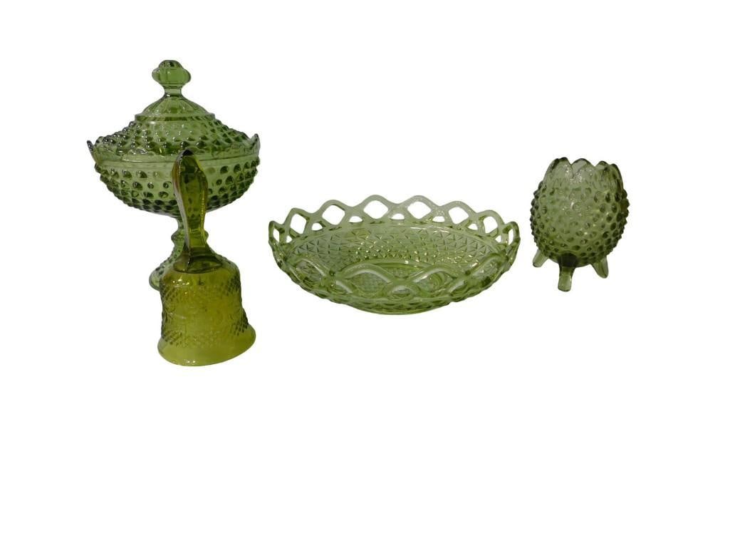 Fenton Green Hobnail Covered Candy Dish, Hobnail Footed Vase, Bell, (1 of 13)