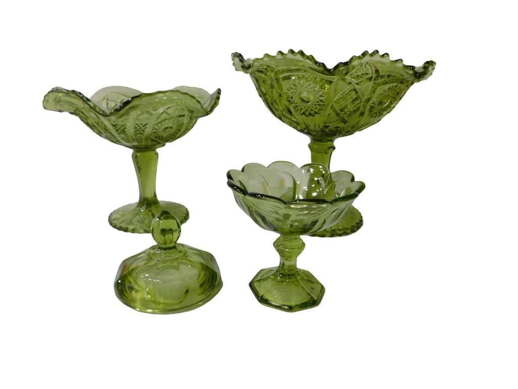 4 pc Green incl Imperial Large Pedestal Compote, Medium Imperial Glass Pedestal Compote, Small Cover (1 of 13)