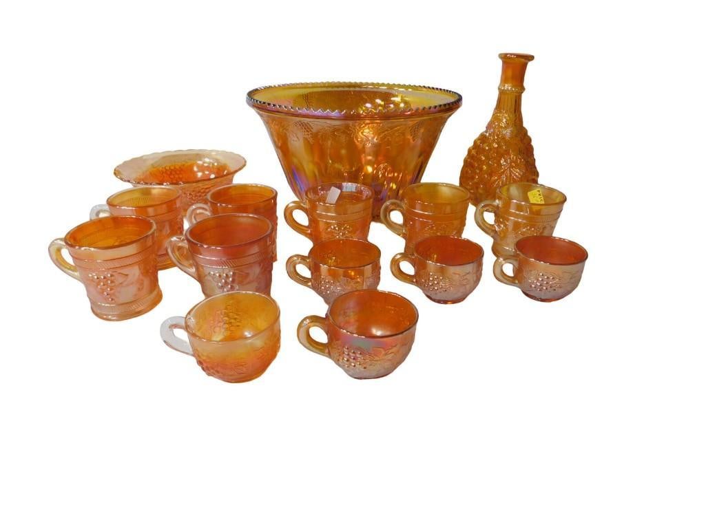 Huge Carnival Glass Punch Entertaining Set incl Punch Bowl, Cups, Hooks, Decanter, Bowl, Grape Patte: Huge Carnival Glass Punch Entertaining Set incl Punch Bowl, Cups, Hooks, Decanter, Bowl, Grape Pattern All pictures are considered part of the description and should be examined carefully by bidders. 