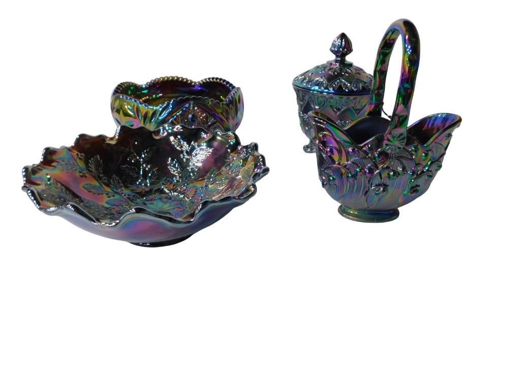 5 pc incl Fenton Oil Slick Carnival Glass incl Basket, Bowl, Covered Candy Dish,: 5 pc including Fenton Oil Slick Carnival Glass incl Basket, Bowl, Covered Candy Dish, 1 LE Smith Bowl All pictures are considered part of the description and should be examined carefully by bidders. L