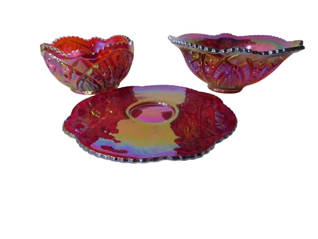 3 pc Carnival Glass Indiana Amberina Carnival Glass Bowl, Amberina Carnival Glass Bowl, and Platter (1 of 15)