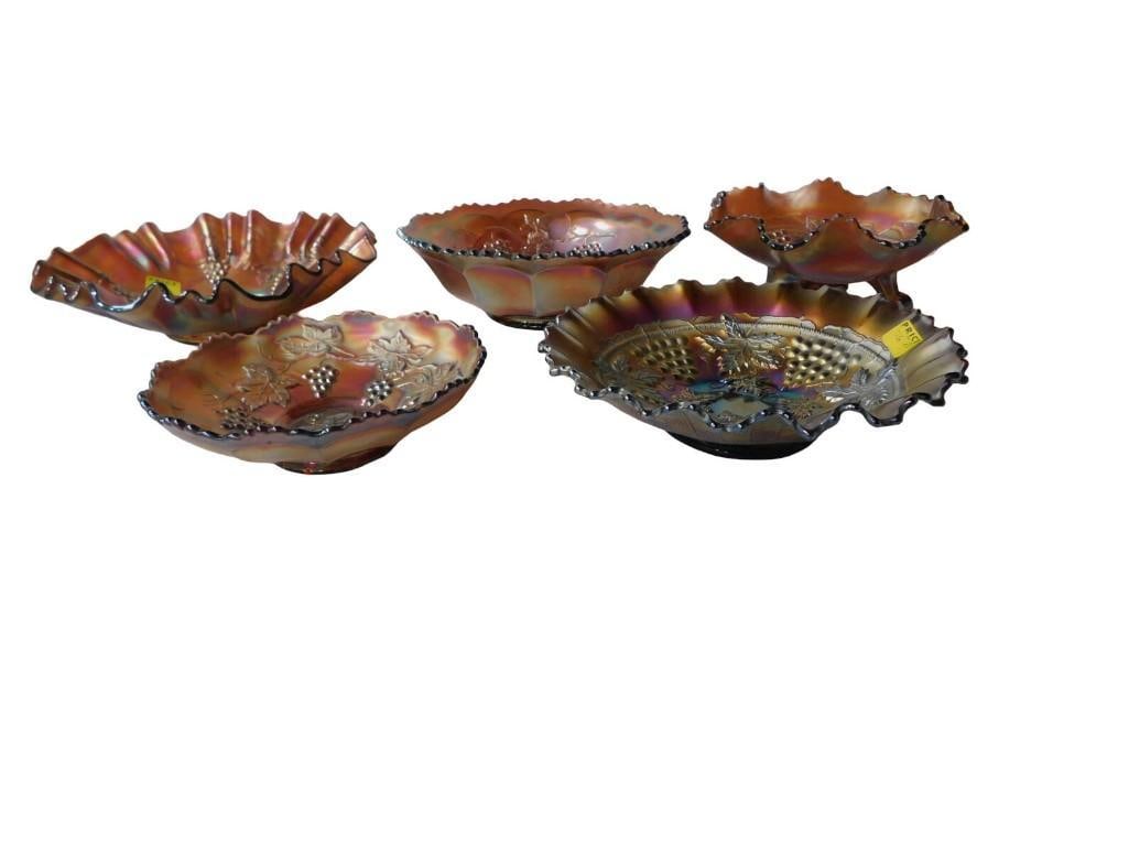 5 pc Grape and Vine Pattern Carnival Glass incl Small Bowl, 3 Footed Bowl, Basket Weave Bowl,: 5 pc Fenton Grape and Vine Pattern Carnival Glass incl Small Bowl, 3 Footed Bowl, Basket Weave Bowl, Bowl, Crimped Edge Bowl All pictures are considered part of the description and should be examined 