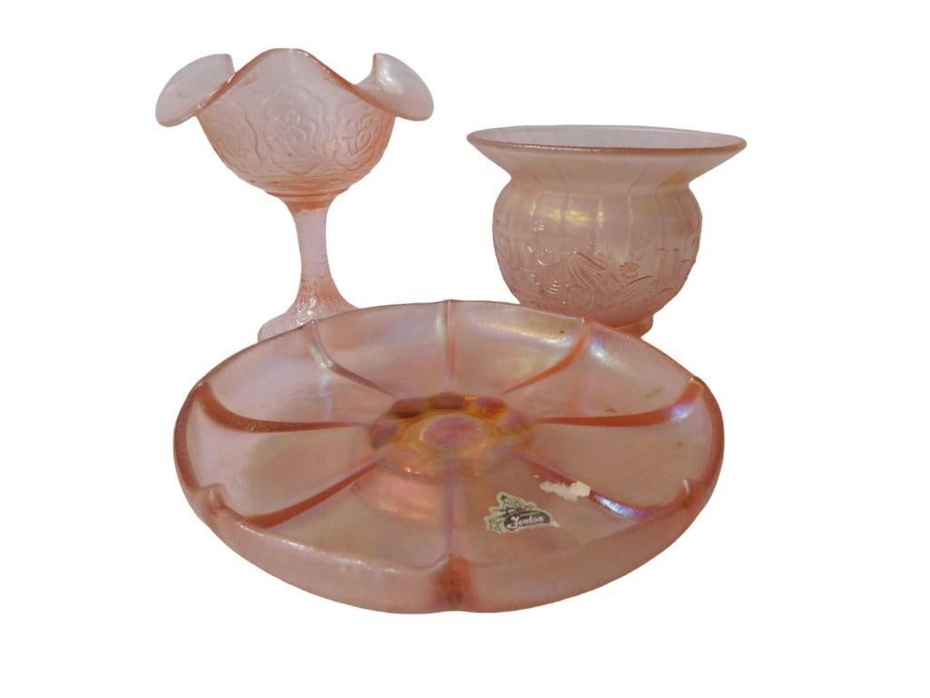 3 pc Fenton Iridescent Pink Persian Medallion Pedestal Compote, Fenton Iridescent Stretch Footed Pl: 3 pc Fenton Iridescent Pink Persian Medallion Pedestal Compote, Fenton Iridescent Stretch Footed Plate, Pink Floral Pattern Vase All pictures are considered part of the description and should be exami