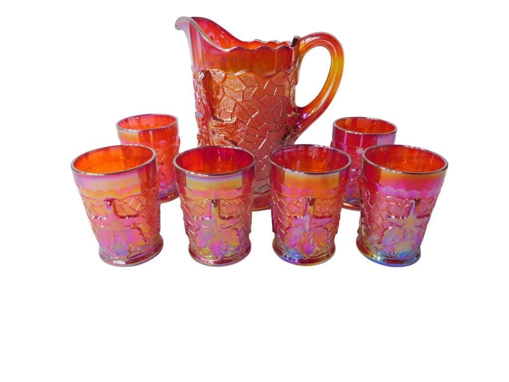 7 pc Pitcher Set Moser Maple Leaf Pattern Carnival Glass Pitcher with Matching Glasses (1 of 13)