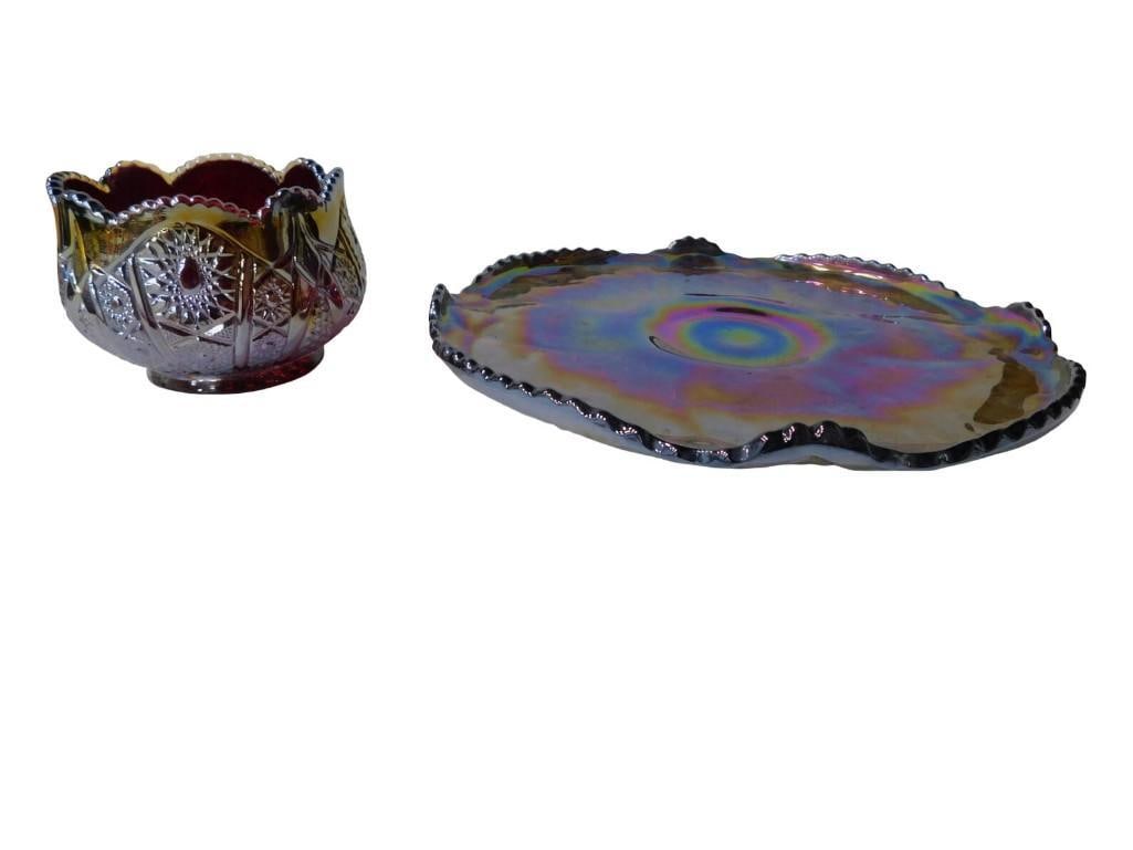 2 pc Red Carnival Glass Bowl and Red Carnival Glass Platter or Cake Plate (1 of 15)