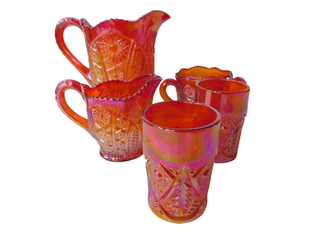 5 pc Indiana Glass Amberina Carnival Glass Pitcher, Open Sugar and Creamer, 2 Cups (1 of 11)