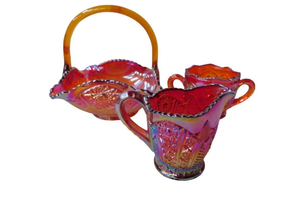 3 pc Indiana Glass Amberina Carnival Glass Large Creamer, Open Sugar, Basket (1 of 12)