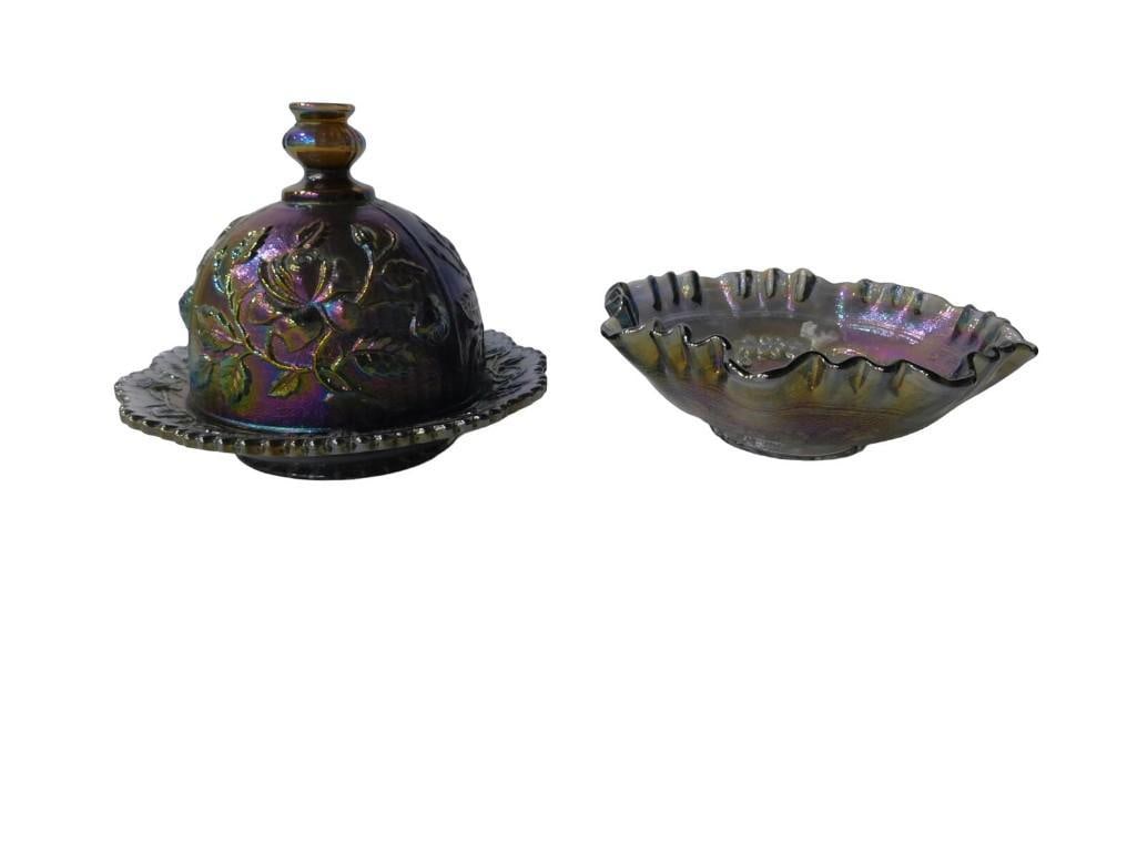 Imperial Glass Carnival Glass Open Rose Pattern Covered Butter Dish, Ruffled Bowl with Windmill (1 of 10)