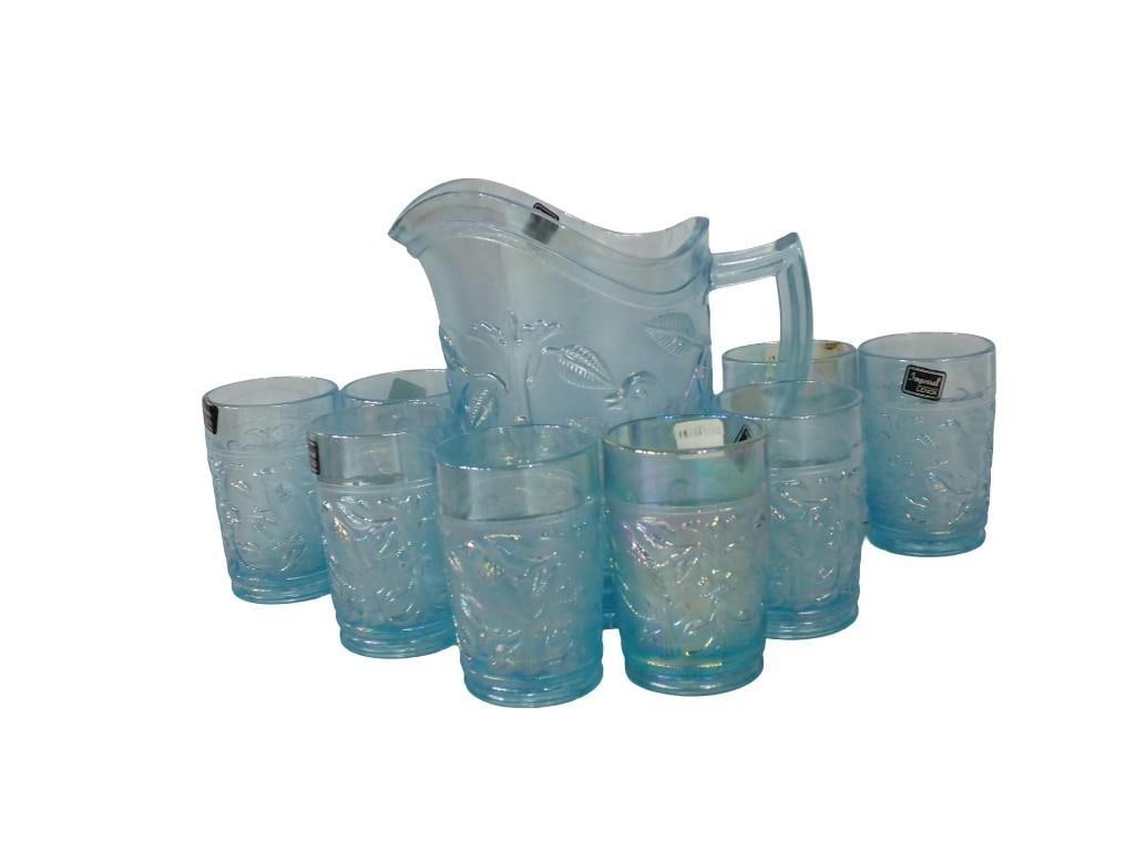 9 pc Imperial Lenox Glass Opalescent Blue Pitcher with 8 Glasses Bird Pattern: 9 pc Imperial Lenox Glass Opalescent Blue Pitcher with 8 Glasses Bird Pattern All pictures are considered part of the description and should be examined carefully by bidders. Live Auctioneers is now o