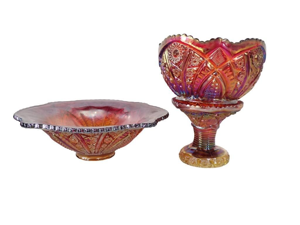 3 pc Large Amberina Carnival Glass Bowl on a Pedestal and Another Large Carnival Glass Bowl (1 of 12)