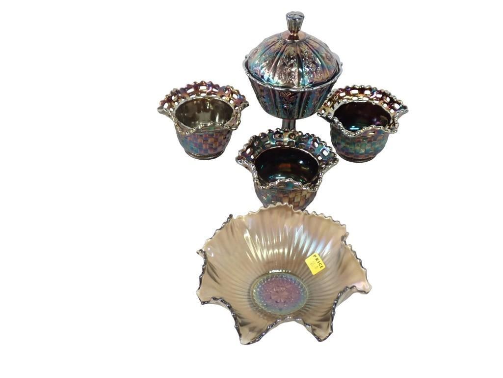 6 pc Carnival Glass incl 3 Basket Weave Candy Dishes, Ribbed Pattern Bowl, Fenton Covered Candy Dish: 6 pc Carnival Glass incl 3 Basket Weave Candy Dishes, Ribbed Pattern Bowl, Fenton Covered Candy Dish All pictures are considered part of the description and should be examined carefully by bidders. Li