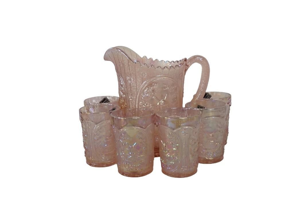 Imperial Lenox Pitcher and Glasses Set in Iridescent Pink Windmill and Cabin Pattern: Imperial Lenox Pitcher and Glasses Set in Iridescent Pink Windmill and Cabin Pattern All pictures are considered part of the description and should be examined carefully by bidders. Live Auctioneers i