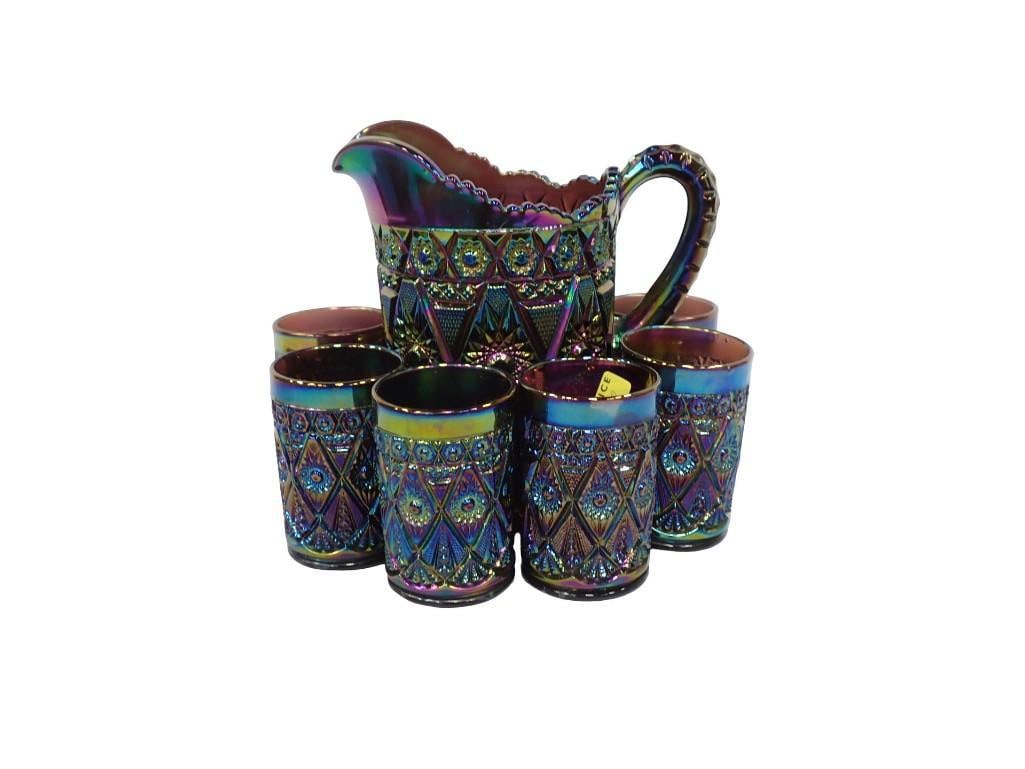7 pc Set Amethyst Carnival Glass Pitcher and 6 Glasses Imperial Diamond Lace Electric Purple (1 of 10)