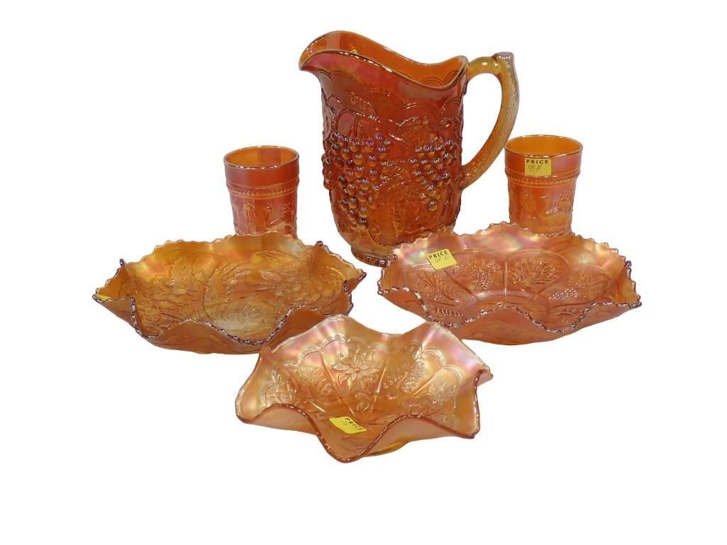 6 pc Asst Grapes Pattern Carnival Glass Pitcher, 2 Peacock Pattern Tumblers, 3 Bowls with Peacock Pa (1 of 18)