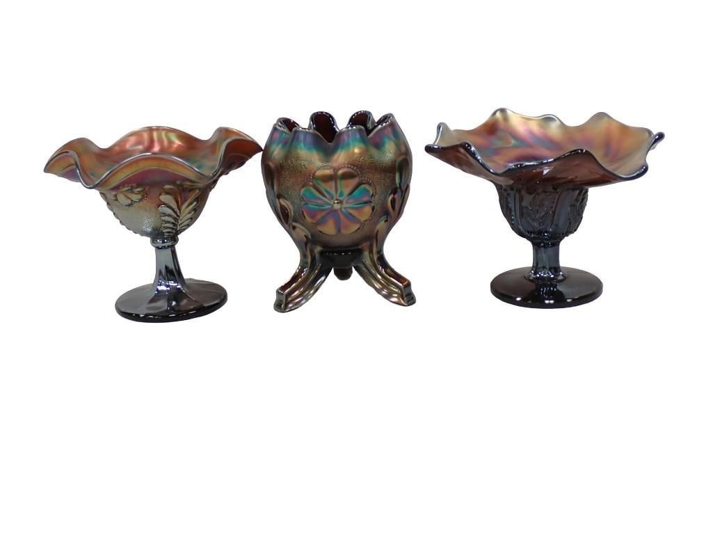 3 pc Amethyst Carnival Glass incl 2 Footed Compotes, Tri Footed Bowl (1 of 6)