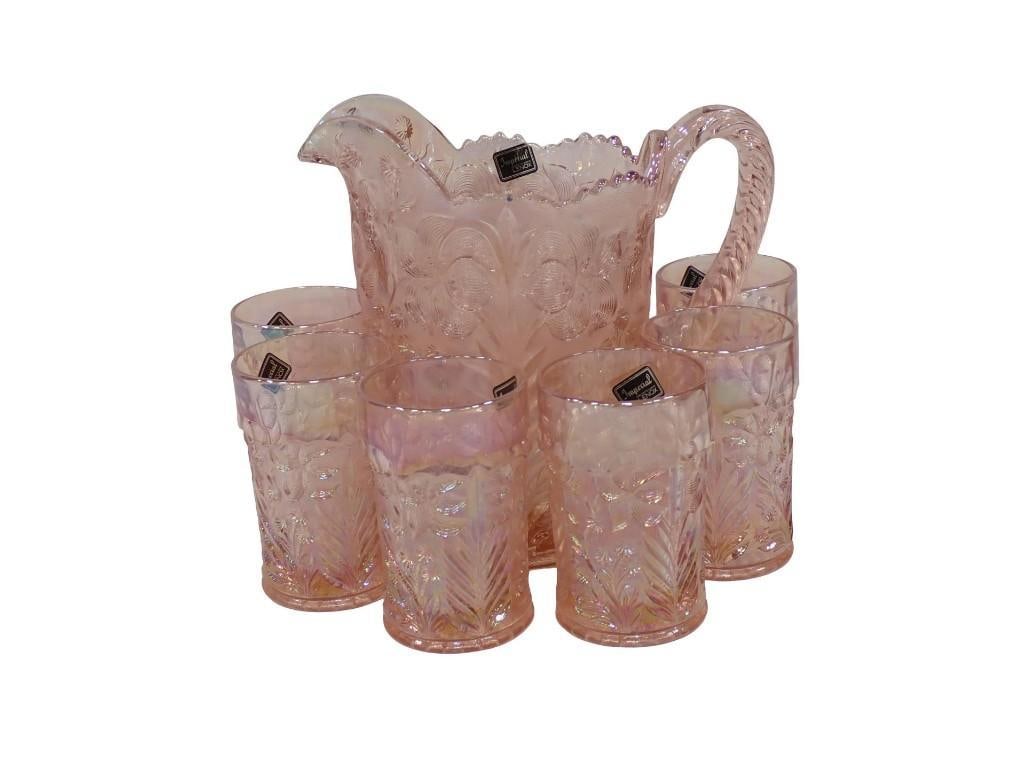 Imperial Lenox Pitcher and 6 Glasses Set Iridescent Pink Tiger Lily Pattern: Imperial Lenox Pitcher and 6 Glasses Set Iridescent Pink Tiger Lily Pattern All pictures are considered part of the description and should be examined carefully by bidders. Live Auctioneers is now off