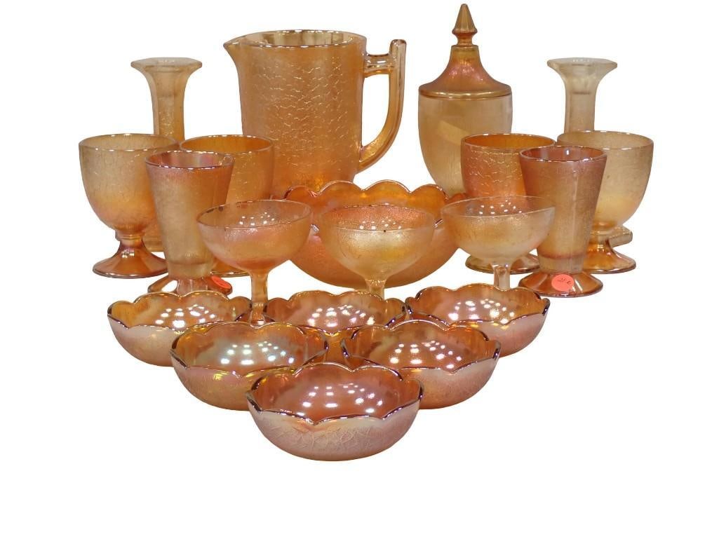 Asst Marigold Carnival Glass incl Pitcher, 2 Candlesticks, Covered Candy Dish, Asst Glasses, Goblets: Asst Marigold Carnival Glass incl Pitcher, 2 Candlesticks, Covered Candy Dish, Asst Glasses, Goblets, Fruit Bowl Set All pictures are considered part of the description and should be examined carefull
