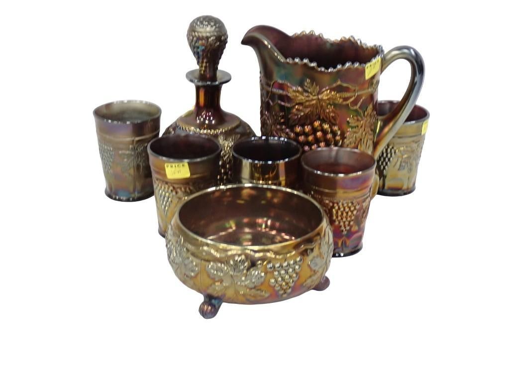 9 pc incl Northwood Grape Pattern Pitcher - Cracked, Decanter with Stopper, Tri Footed Bowl, (1 of 18)