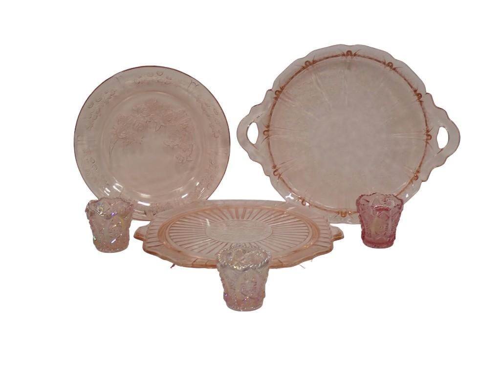 6 pc Pink Depression Glass Cabbage Rose 2 Platters, Plate, 3 Pink Toothpick Holders (1 of 14)