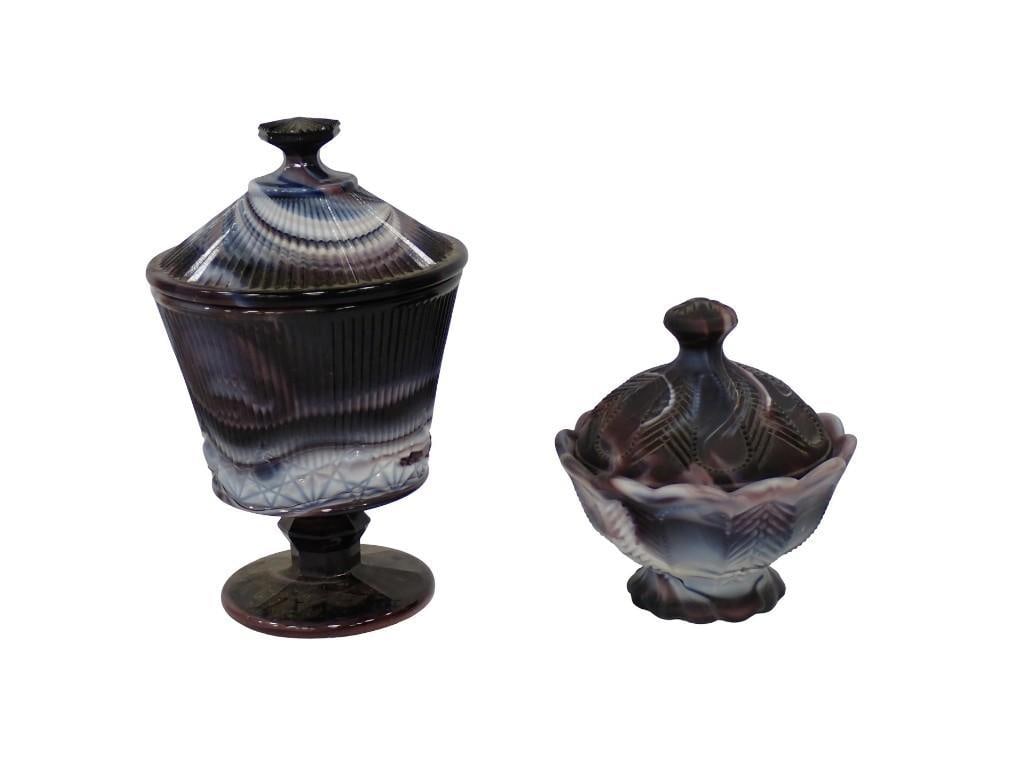 2 Imperial Glass Covered Candy Dishes Purple and White Slag Glass: 2 Imperial Glass Covered Candy Dishes Purple and White Slag Glass All pictures are considered part of the description and should be examined carefully by bidders. Live Auctioneers is now offering Live