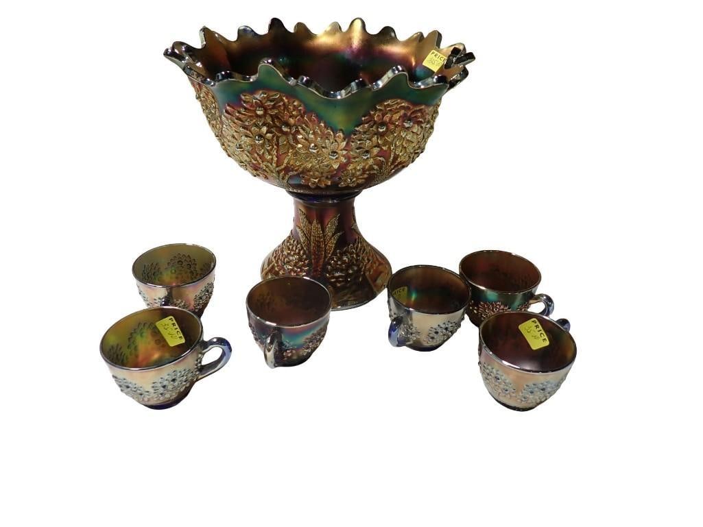 8 pc Fenton Orange Tree Cobalt Blue Vase, 6 Cups, Punch Bowl with Base,: 8 pc Fenton Orange Tree Cobalt Blue Vase, 6 Cups, Punch Bowl with Base, All pictures are considered part of the description and should be examined carefully by bidders. Live Auctioneers is now offerin
