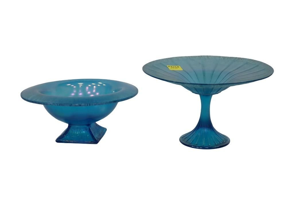 2 Iridescent Blue Stretch Glass Footed Compotes (1 of 8)