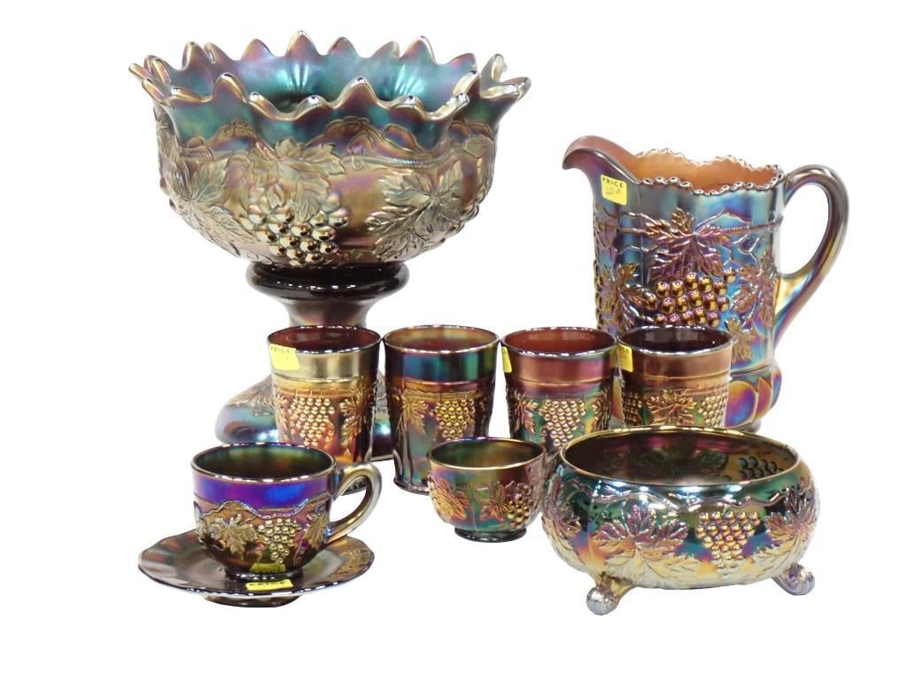 Large Lot Northwood Carnival Glass Grape and Vine Pattern incl Bowl - Cracked and Chipped, (1 of 20)