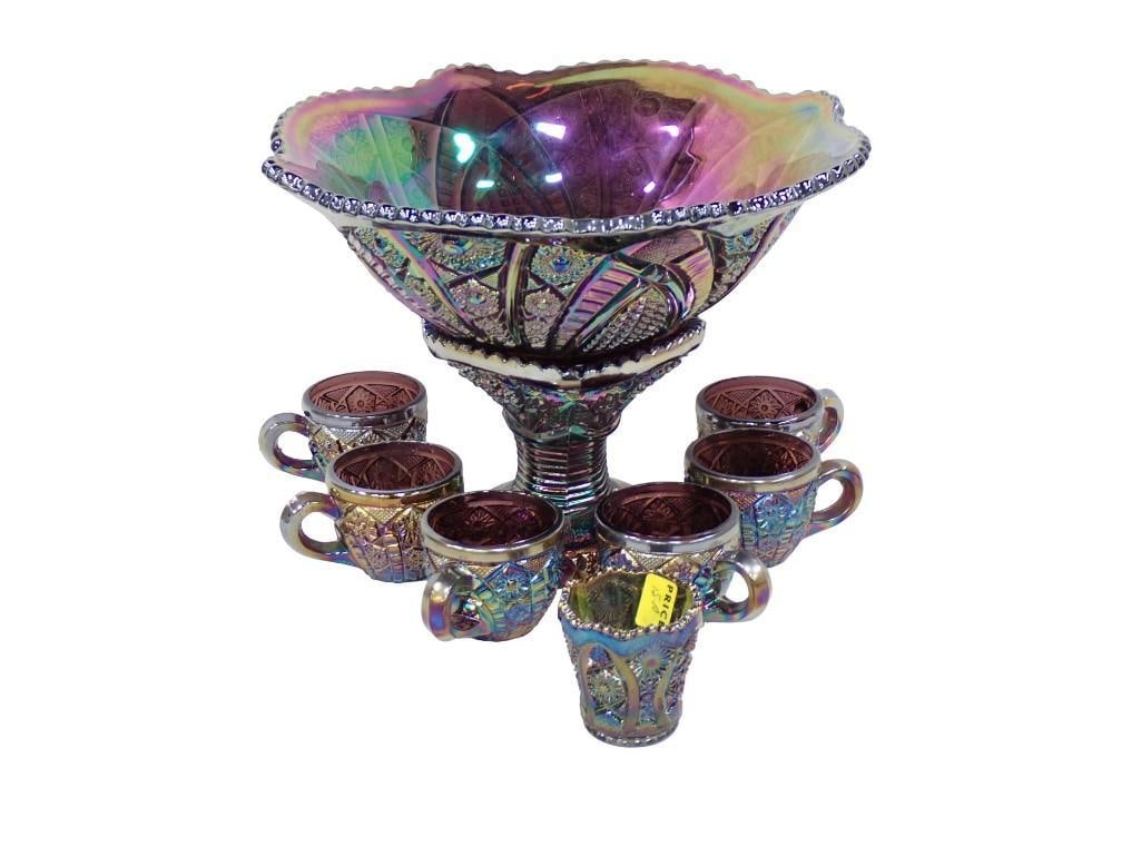 9 pc incl 6 Punch Cups, Toothpick Holder, Amethyst Carnival Glass Bowl with Base,: 9 pc incl 6 Punch Cups, Toothpick Holder, Amethyst Carnival Glass Bowl with Base, All pictures are considered part of the description and should be examined carefully by bidders. Live Auctioneers is n