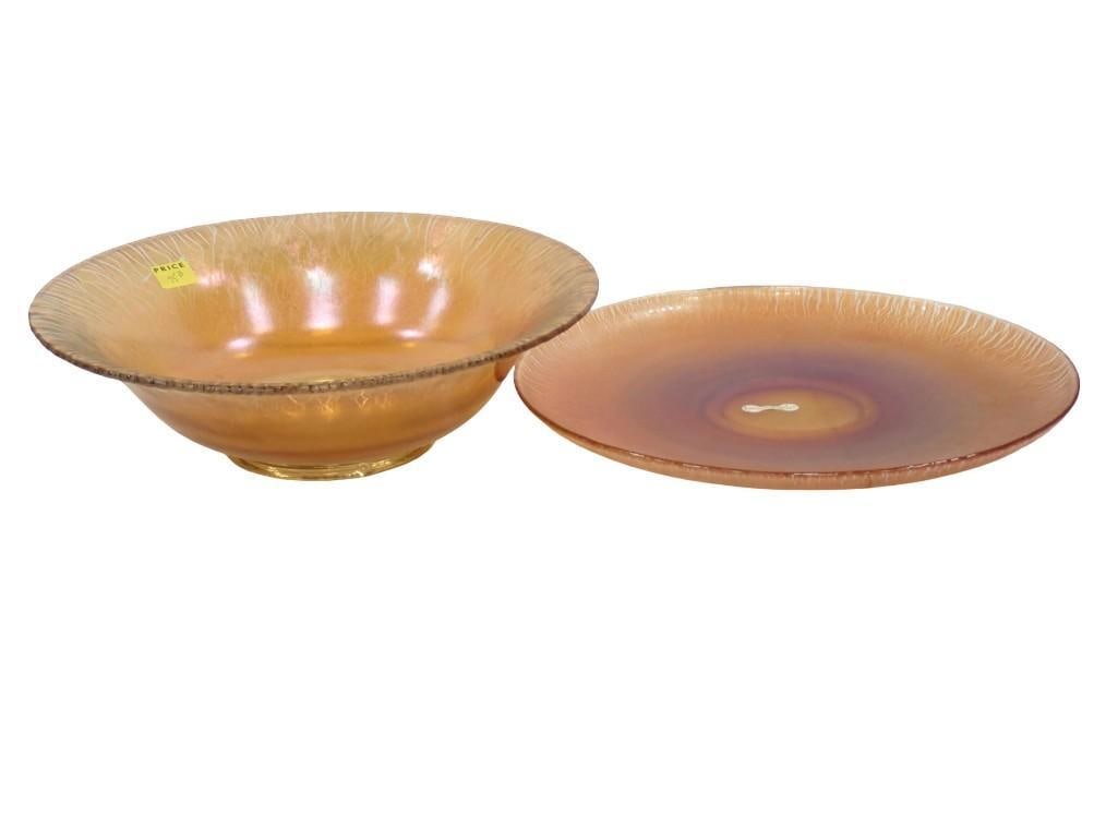 2 pc Imperial Stretch Iridescent Bowl and Platter: 2 pc Imperial Stretch Iridescent Bowl and Platter All pictures are considered part of the description and should be examined carefully by bidders. Live Auctioneers is now offering Live Shipping throug